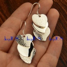 925 Sterling Silver Three Heart Smooth/Faddish 2-tone Long Dangle Earrings AC7