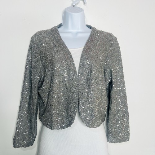 Oscar de la Renta Silber Seide Pailletten offen Bolero Pullover Shrug XL Old Money - Bild 2 von 7