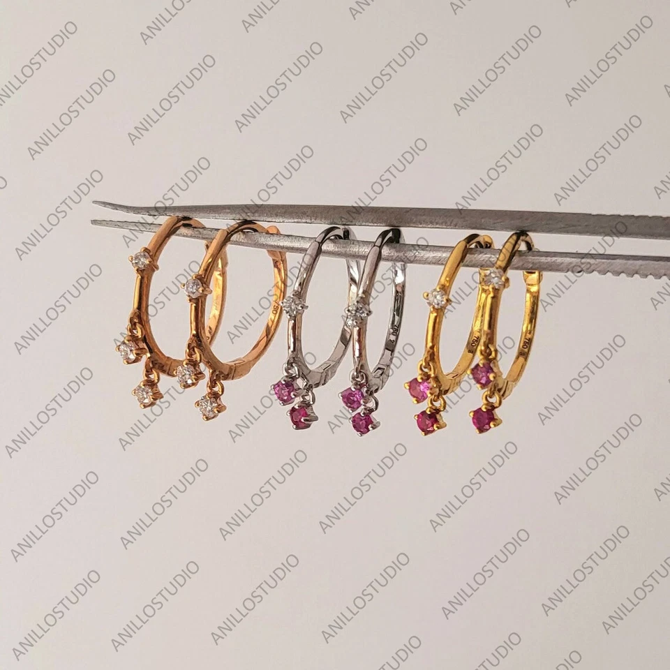 Genuine Ruby & Diamond Drop Hoop Earrings ,14k Yellow Gold Gift For Her Wedding  - Image 3 of 4