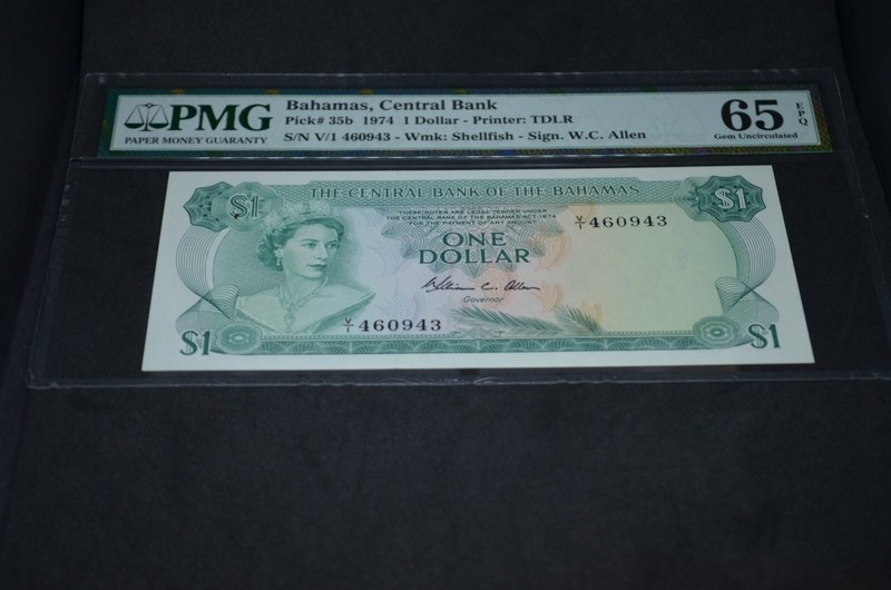 PMG Graded Bahamas, Central Bank Banknote Gem Unc 65 p35b 1974 $1