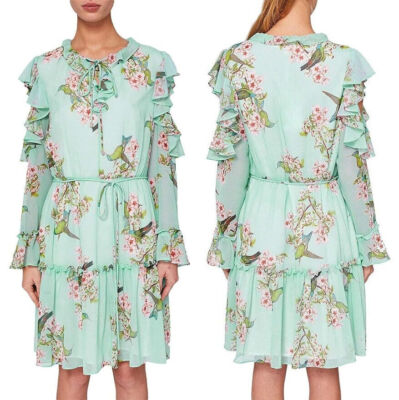 TED BAKER Nectar hummingbird floral print cold shoulder ruffle dress boho 3 12 M