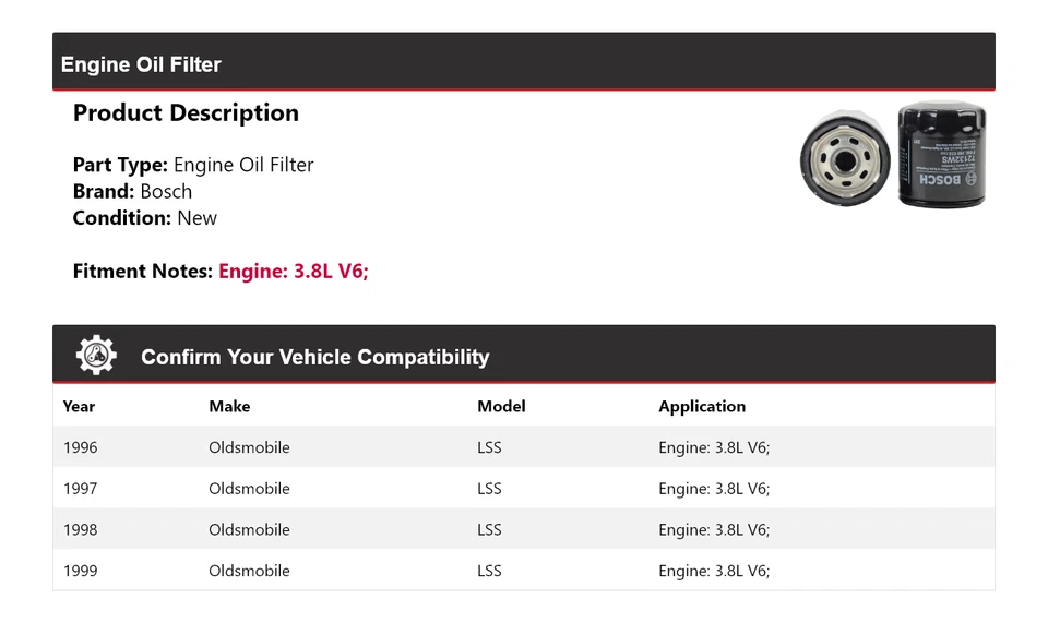 Filtro de aceite de motor Bosch Oldsmobile LSS 1996-1999 3,8 L V6 1997 1998 Foto 2 de 3