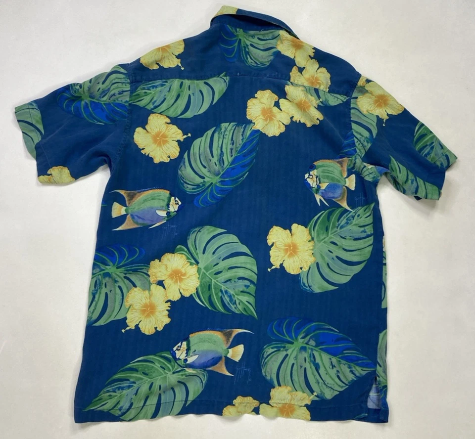 Guy Harvey By ATFCO Bluewater Fish Floral Print Silk Shirt Men Medium Blue - Image 3 of 4