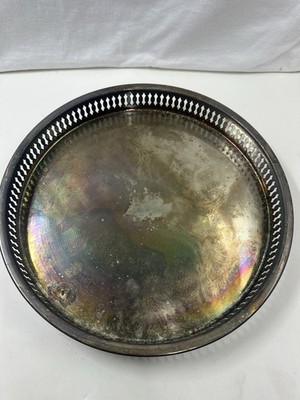 VTG Silver Plated Round Gallery Tray 10''  Etched Design Barware Deco