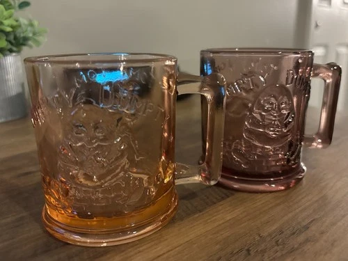 Vintage 2 Pink Depression Glass Mugs Humpty Dumpty Tom Tom Nursery Rhyme