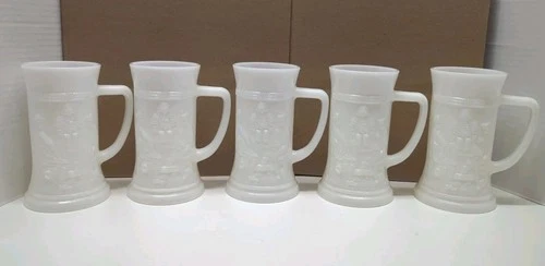 5 Federal Milk Glass 6" Beer Mug Stein Tankard Embossed Tavern Scene Vintage