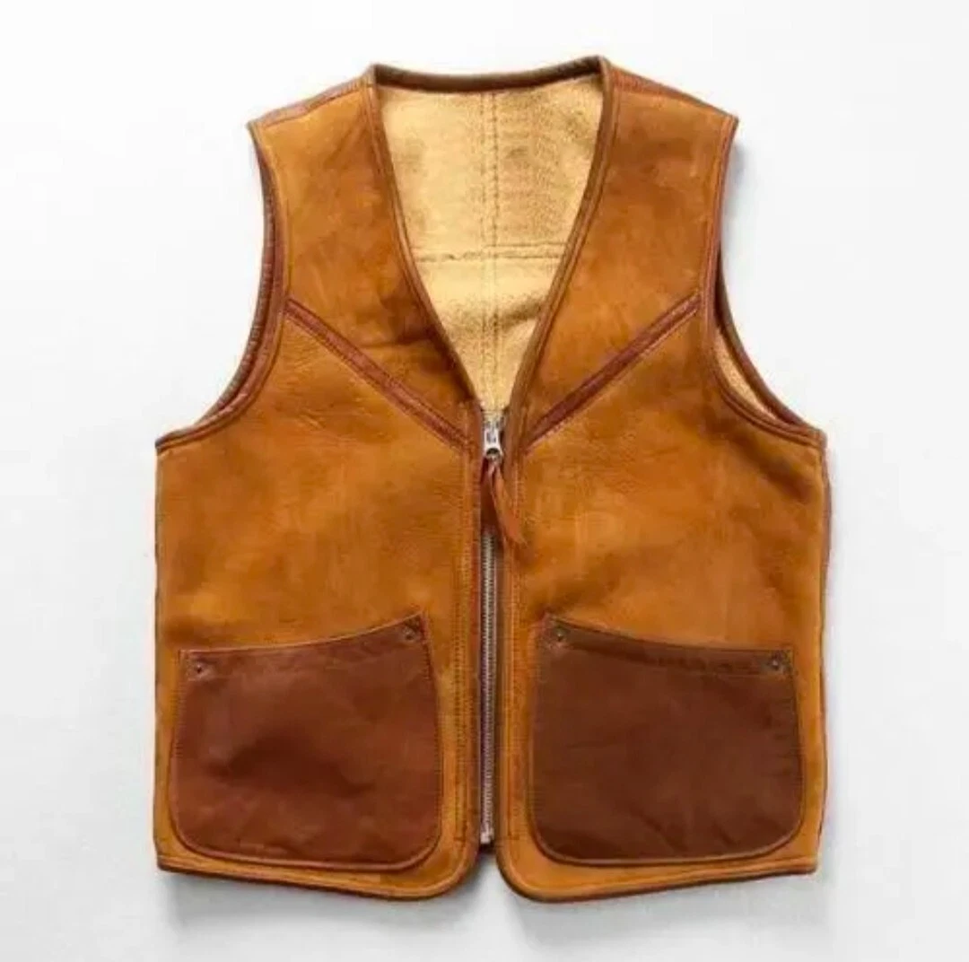 Vintage Style Men Retro Real Sheep Leather Wool Lined Slim Fit Motorcycle Vest