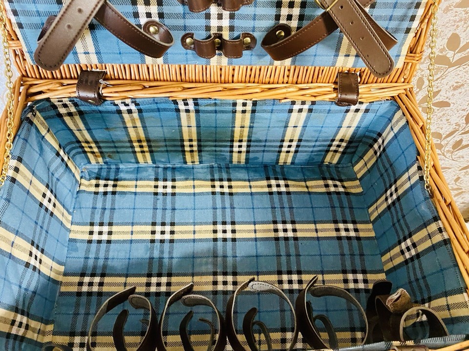 Vintage Blue Wicker Woven Rattan Picnic Basket Hamper With Utensils for