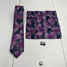 Barry Wang Purple Floral Silk 3 Piece Neck Tie, Pocket Square, Cuff Link Set Men