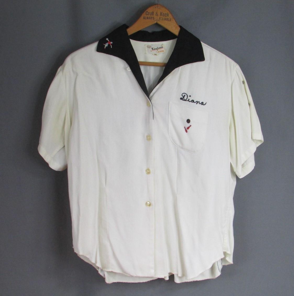 Vintage 1950s King Louie Bowling Shirt Rayon Gab Wht/Blk Vintage 1950s King Louie Bowling Shirt Rayon Gab Wht/Blk