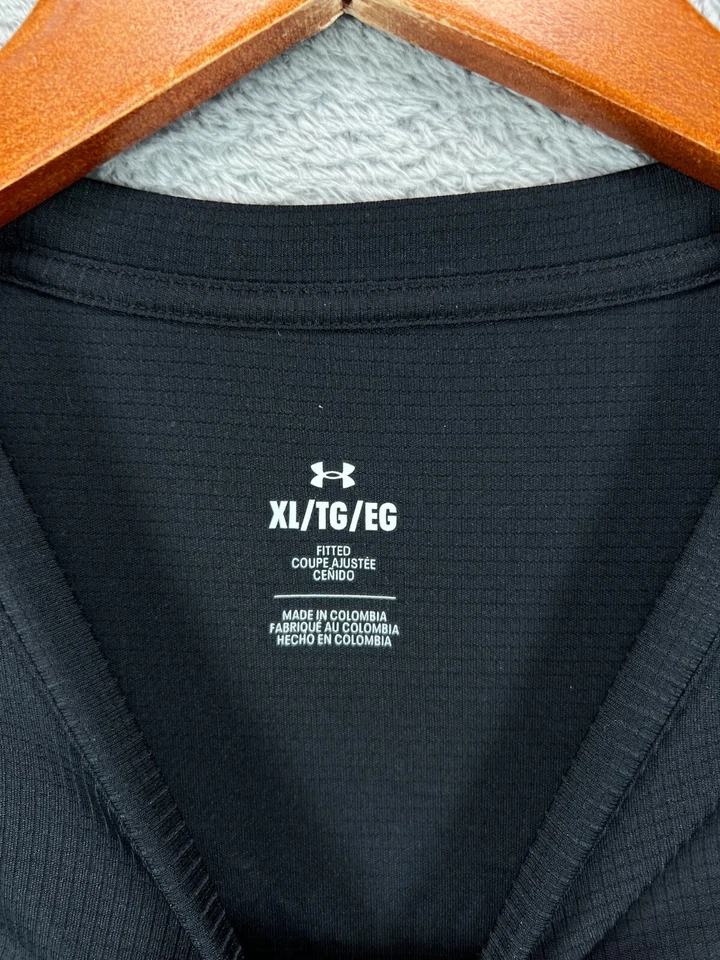 Mens XL Shirt Under Armour Fitted Black Grid Textured Orange Logo Athletic Crew - Image 4 of 4