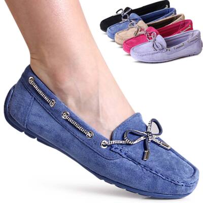 Damen Velours Mokassins Komfort Slipper Halbschuhe Loafer Glitzer Schleife