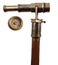 Vintage Brass Telescope Top Wood Walking Stick Cane Compass Antique Gift Parents