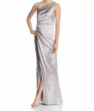 295 Aidan Mattox Women Silver Sleeveless Draped One Shoulder Gown Dress Size 12