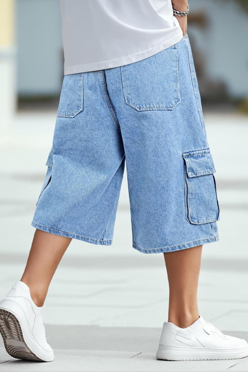 Mens Baggy Cargo Denim Shorts Elastic Waist 15 Inch Inseam Summer