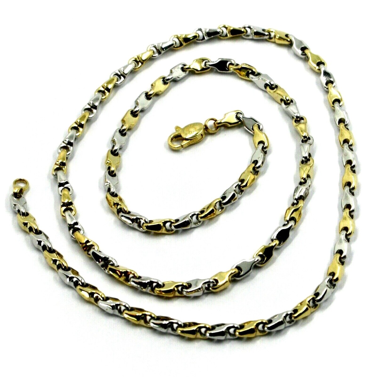 18K WHITE YELLOW GOLD CHAIN NECKLACE ALTERNATE DROP ONDULATE