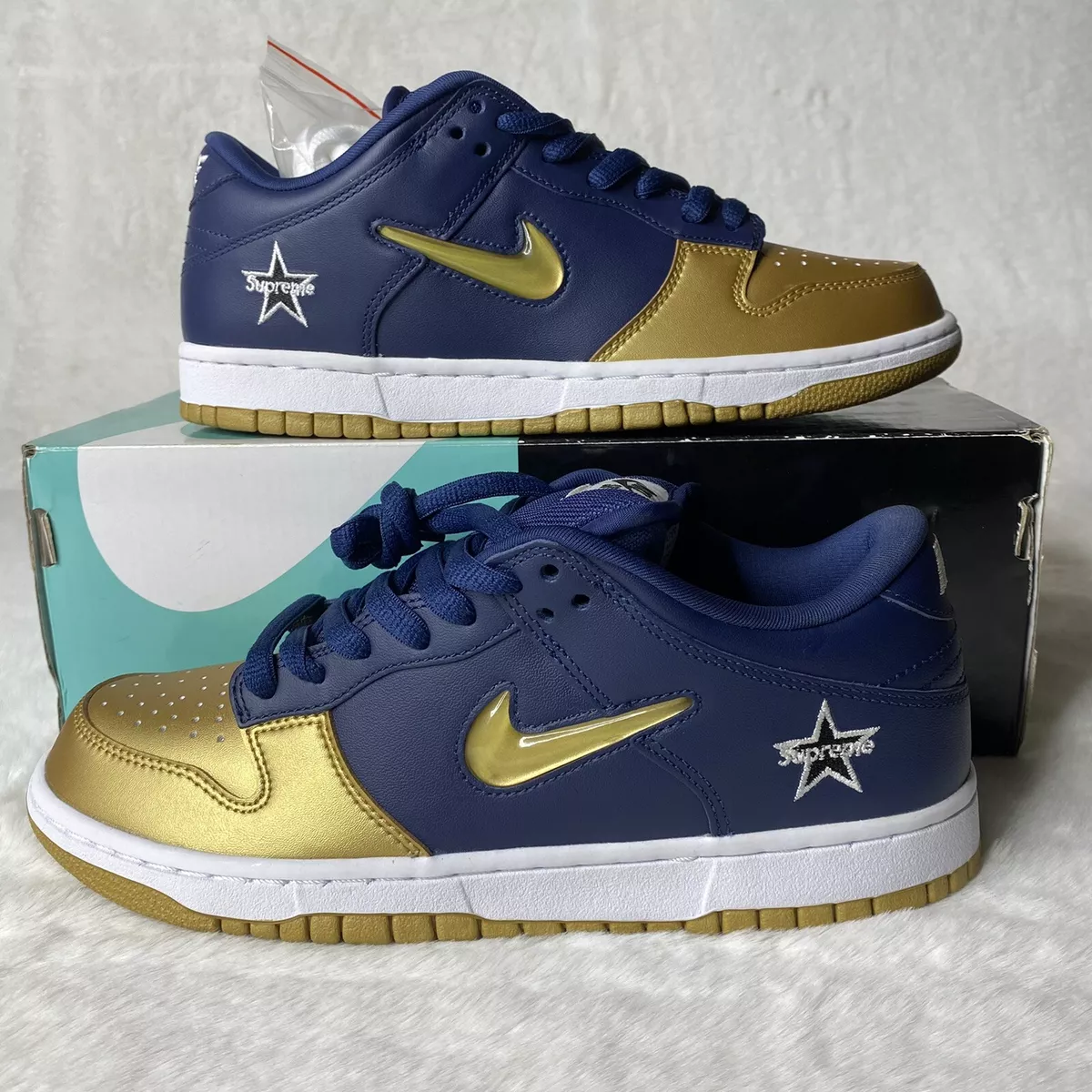 Nike SB x Supreme Dunk Low QS Jewel Swoosh Navy Blue Gold CK3480-700 Size  7.5