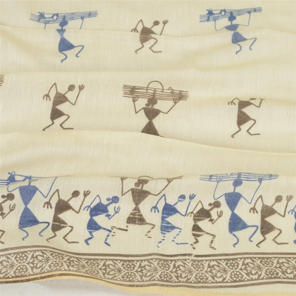 Sánskriti Vintage Dupatta Estola Larga Mezcla Seda Marfil Bufandas Warli Estampado Velo Foto 3 de 4