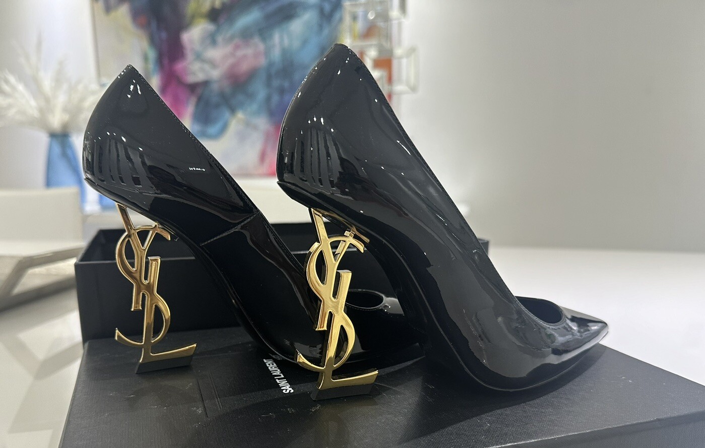 SAINT LAURENT Tacchi in chiffon YSL Vernice Nero