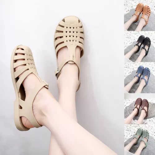 Ladies Retro Flat Jelly Sandals Wrap Summer Casual Beach Shoes - Picture 2 of 28