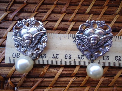 Orecchini angelo cherubino cuore 925 pendenti perle finte vintage argento ornato goffrato - Foto 3 di 6