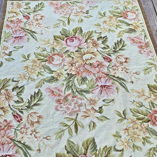 Vintage Needlepoint Area Rug Tapestry French Aubusson Style Handmade 5 x 3.5 Ft