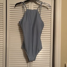 Blue White Print One-Piece Swimsuit Spaghetti Straps M NWT 70s Highneck Vintage