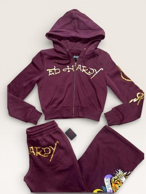 NWT~ Ed Hardy sz M Sweatsuit Track 2 pc Sangria Retro Tiger Y2K Zip Jacket Pants