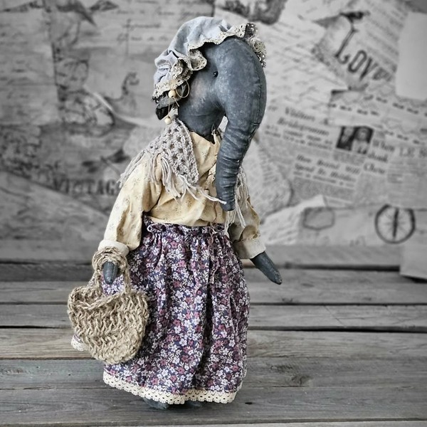 Vintage Design Stoffelefant 44 Cm Mit Rock Und Tasche Elefant Shabby Handarbeit-image