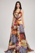 NOX Multicolor Cut-Out Evening Gown Size L Floral Satin Maxi Dress Formal Prom