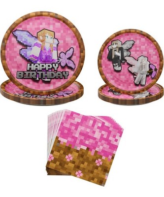 Pink Pixel Girl Birthday Party Plates Napkins Set Minecraft Party Supplies