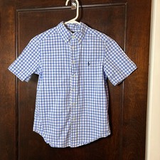 Polo Ralph Lauren Gingham Boy s Shirt Size 10-12 Blue White Cotton Button-down