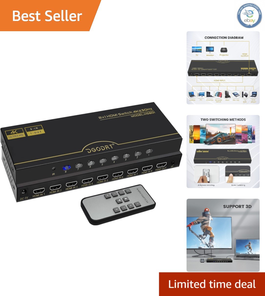 All-in-One 8 Input HDMI Switch with IR Remote - High Compatibility & Performance