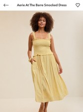 *NEW* Aerie-At The Barre Smocked Printed Midi Dress-Yellow Polka Dot-XL