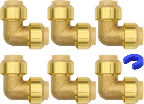 6 Pack Push-To-Connect Plumbing Fittings, 1/2" Pushfit Elbow Fittings with Disco