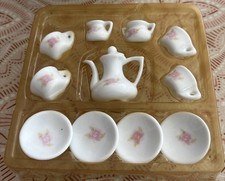 Miniature Porcelain Tea Set 12 Piece Floral Pattern Teapot Cups Dollhouse USED