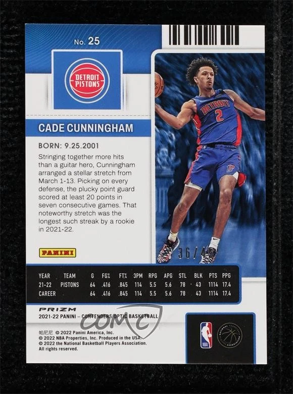 2021 Panini Contenders Optic Rookies Asia Blue Wave Prizm /45 Cade Cunningham RC - Image 2 of 2