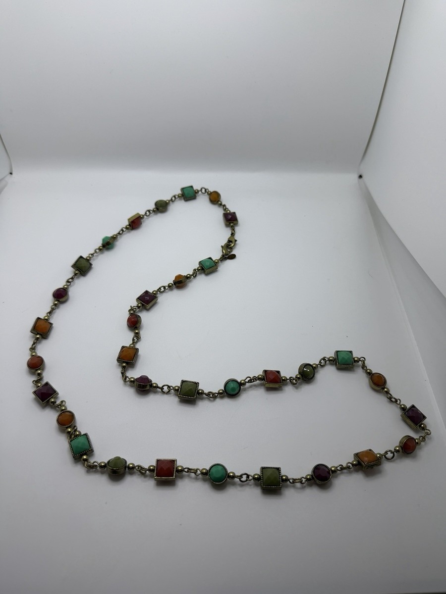 Premier Designs Retired Multicolor Station Necklace Antique Brass Faceted Glass View 2