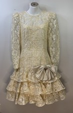 Vtg 80s Ivory Lace Dress Tiered Ruffle Skirt Satin Bow Long Sleeve Formal Sz 6