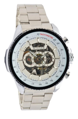 T-Winner Herren Automatikuhr 50mm Weiß Silber Mechanisch Edelstahl Skelett Uhr