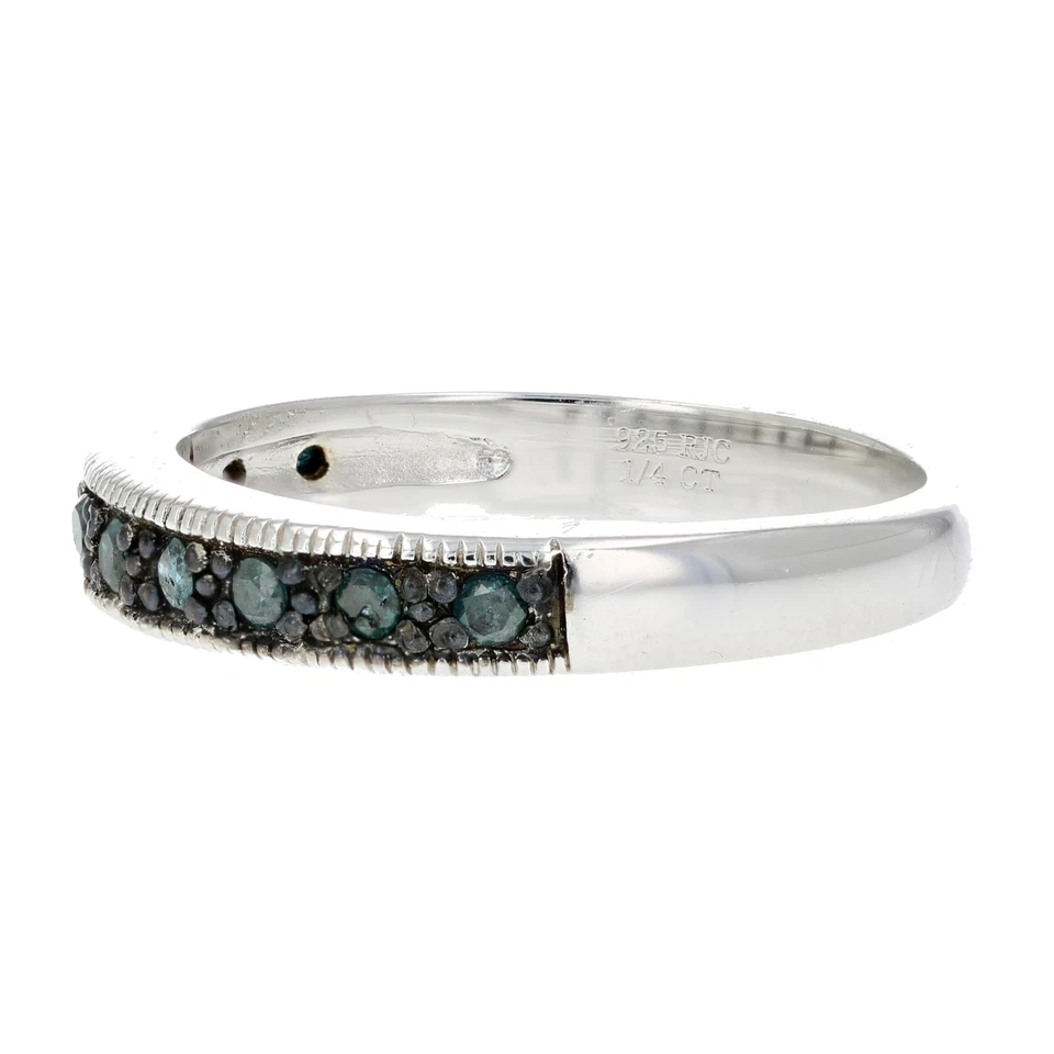 1/4 ct Blue Diamond Ring Wedding Band .925 Sterling Silver with Milgrain Round - Image 2 of 4
