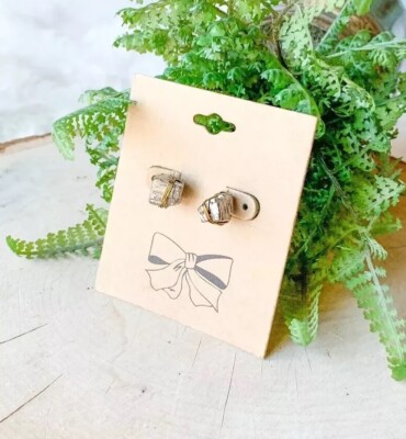 Mark Ashton Gold Wire Wrap Metallic Silver Stone Post Stud Earrings Pyrite Chunk