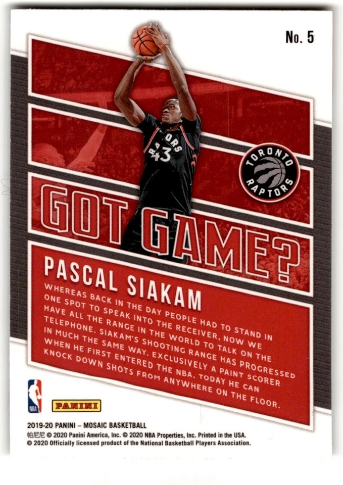 2019-20 Panini Mosaic Got Game? Pascal Siakam #5 Toronto Raptors - Image 2 of 2