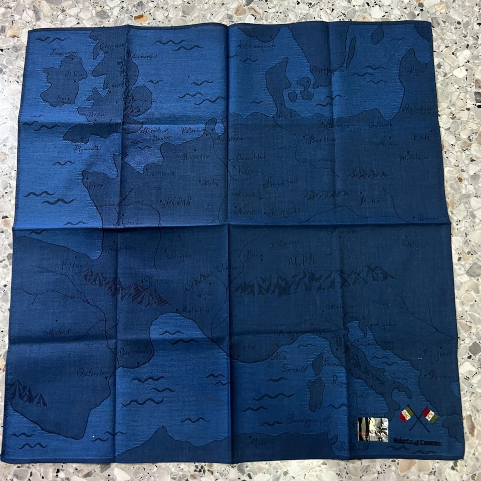 MAPA DE CAMINHADA MASCULINO AZUL LENÇO JAPÃO ALPES ALGODÃO CLÁSSICO VINTAGE BOLSO ARTE QUADRADO 18" #R2 - Imagem 3 de 4
