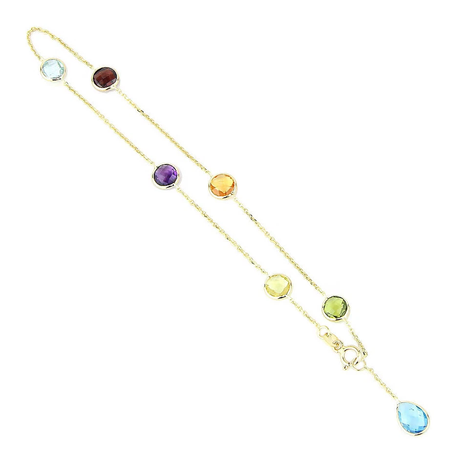 Tobillera de piedras preciosas de oro amarillo de 14K con una caída de topacio azul de 9,5 pulgadas Foto 2 de 3