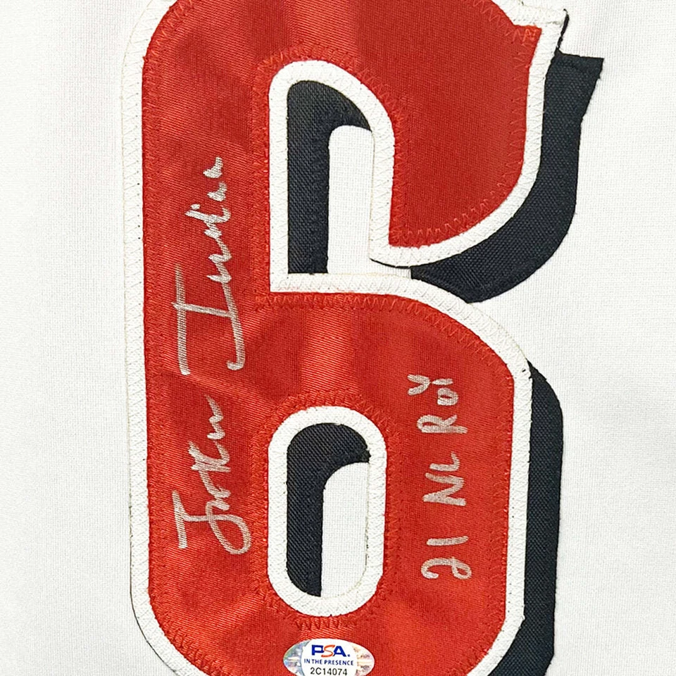 Jonathan India Signed 21 NL ROY Inscription Cincinnati White Baseball Jersey (PS - Image 2 of 3