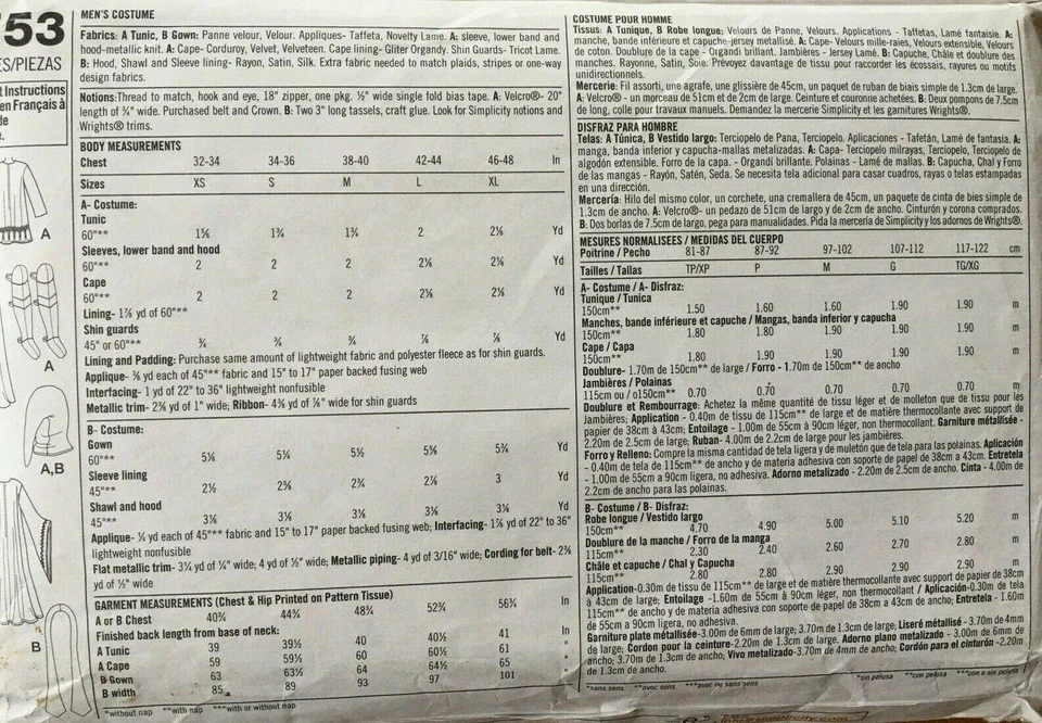 Men's Simplicity Medieval Costume Collections sz AA Pattern XS S M Uncut - Image 2 of 2