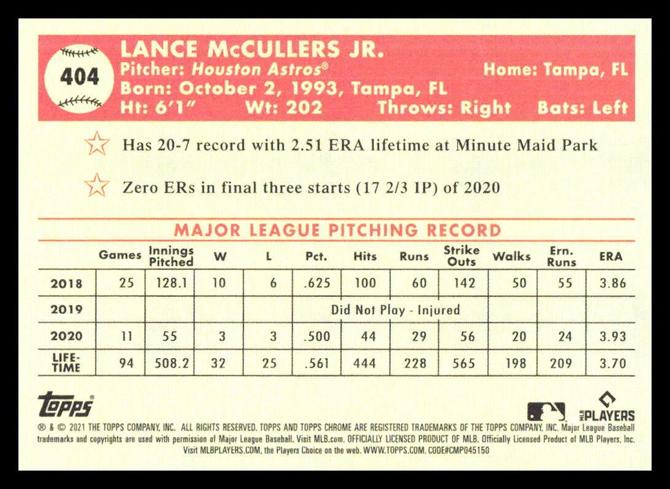 2021 Topps Chrome Platinum Lance McCullers Jr.  Blue Prism Refractor 404 Astros - Image 2 of 2