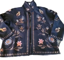 Elana By Tanner Vtg Wool Jacket Cardigan Embroidered Detail Navy Blue Rare Find☆