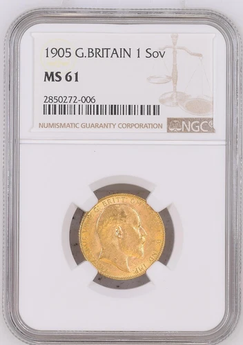 1905 Great Britain Gold Sovereign NGC MS 61 BU UNC NICE COIN LOTS OF LUSTER